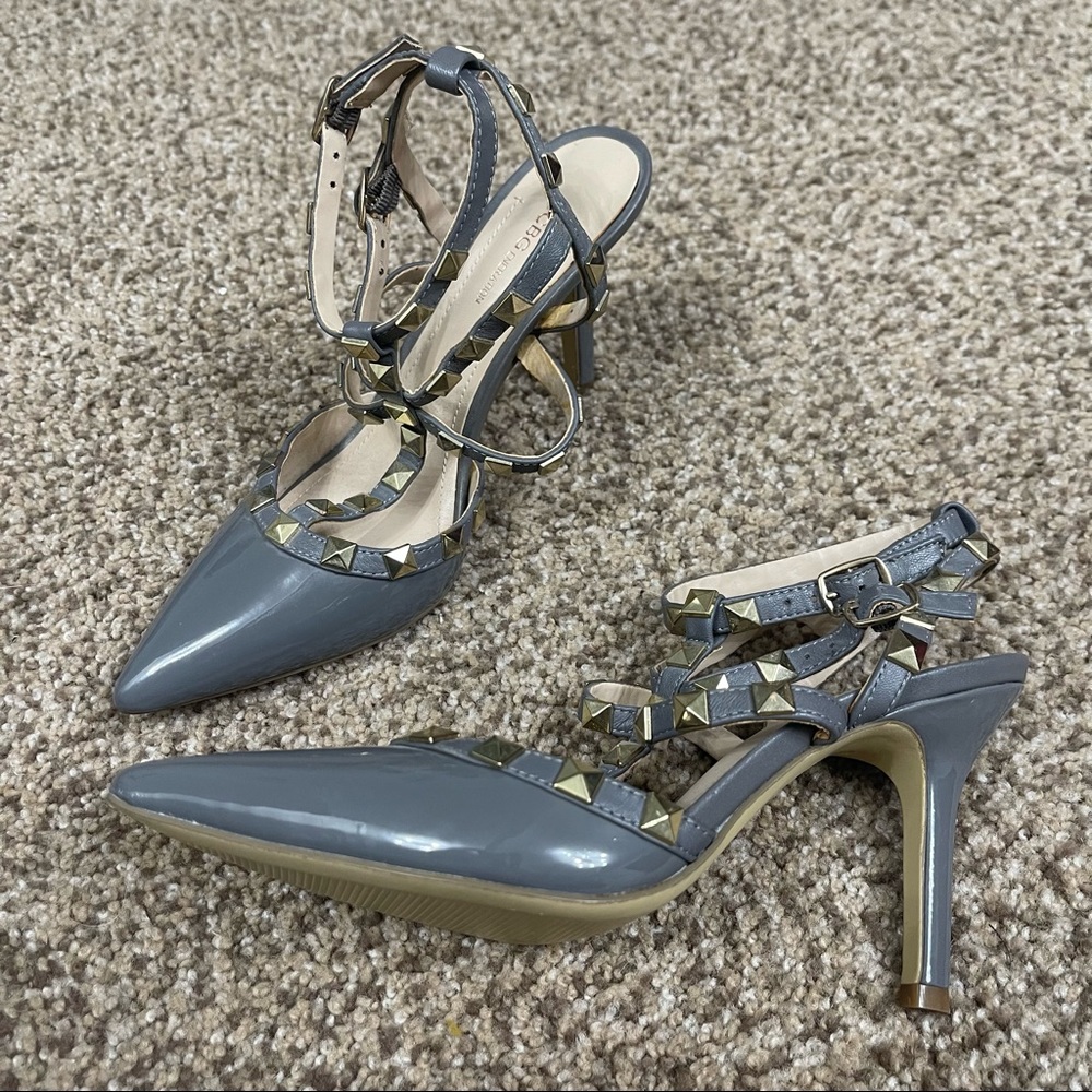 BCBG Rock Stud Like Gray Patent Heels with Gold Studs